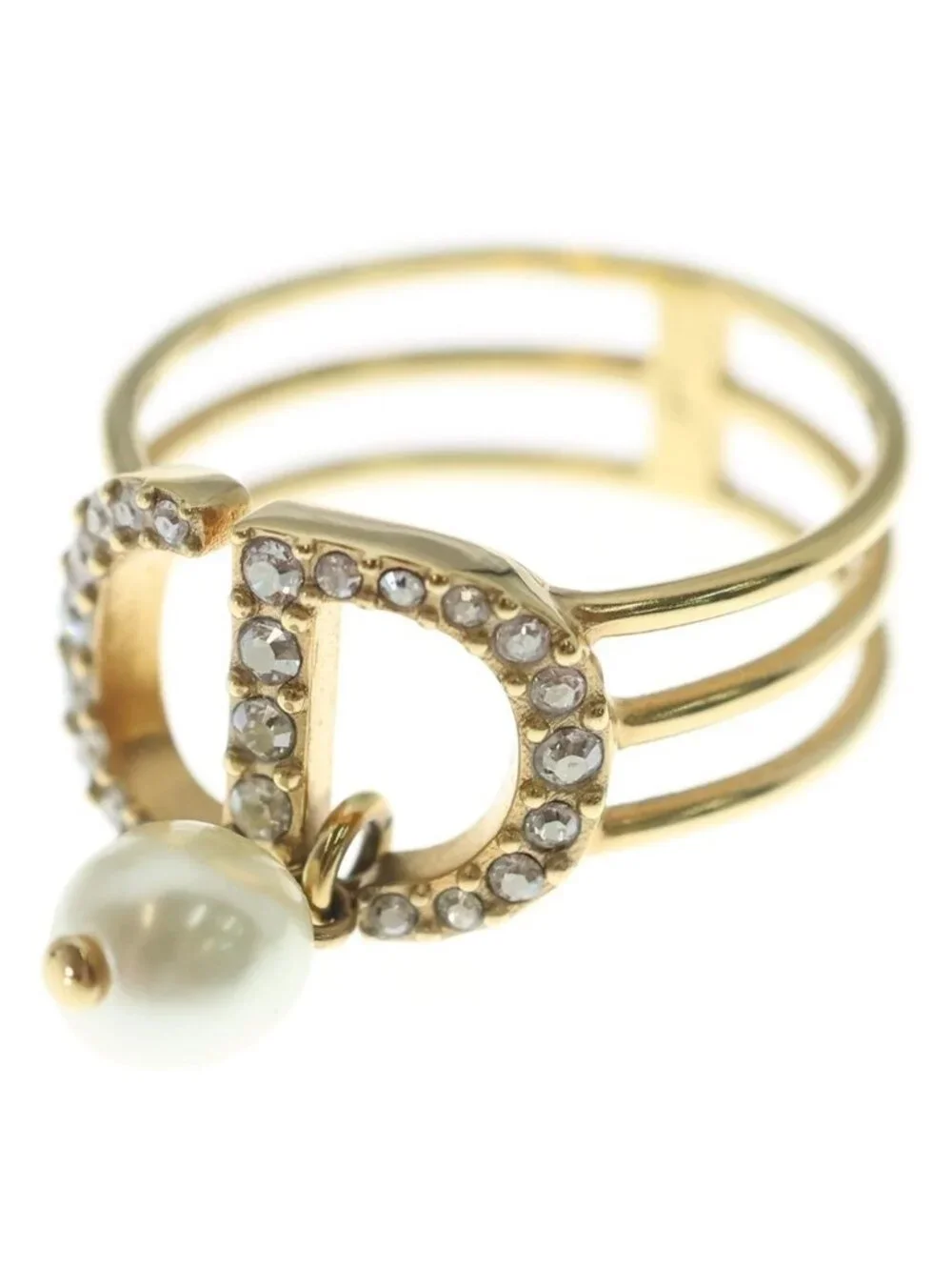 Dior CD Logo Rhinestone Faux Pearl Ring L Gold